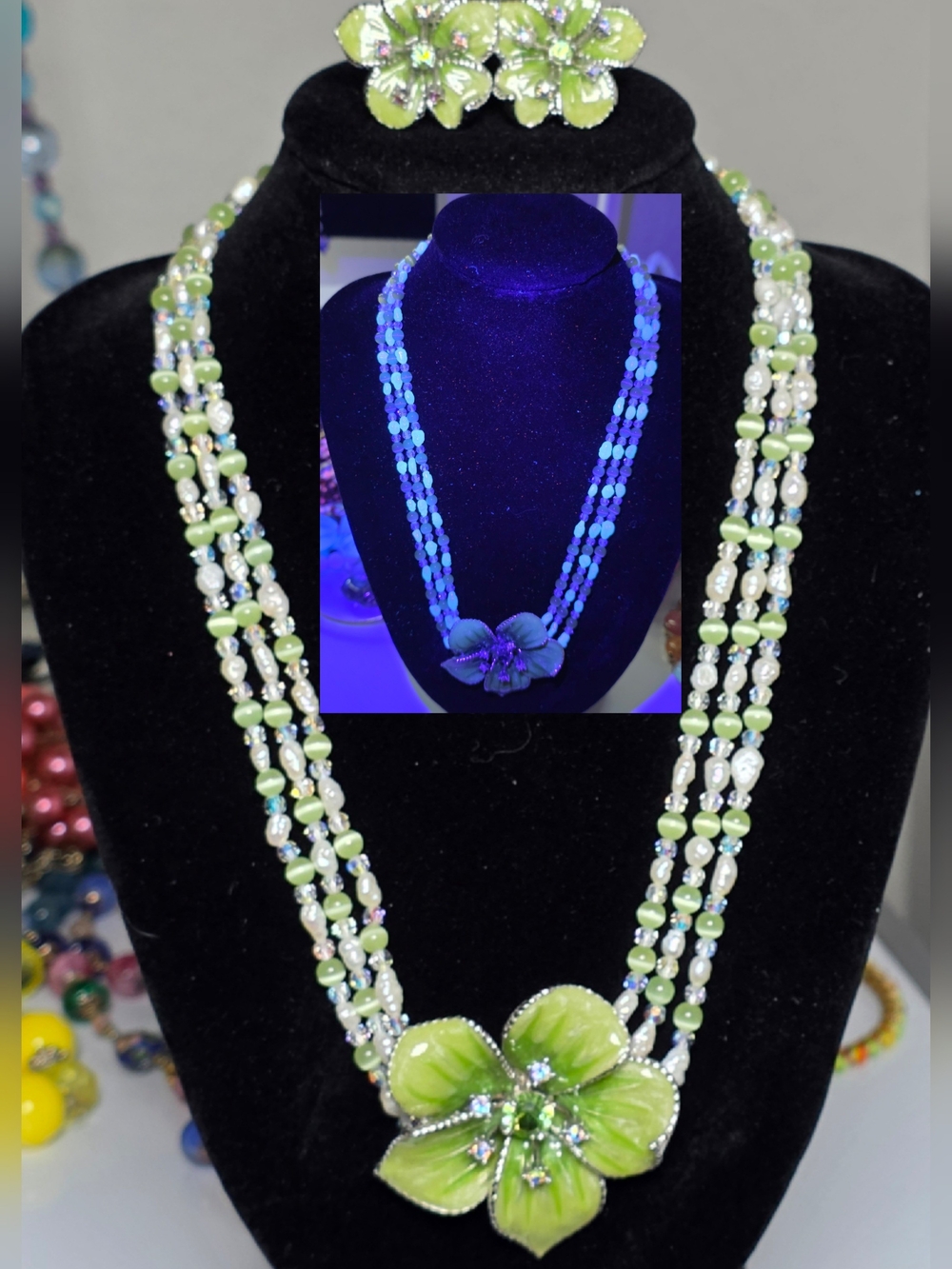Vtg Butler Milk Glass Pearls, Moonglow Glass Beads Flower Pedant W/ Earrings
